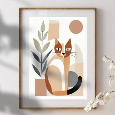 Stillleben mit Katze | modern, minimalistisch | Boho Retro Bild | Druckbarer Digitaler Download | Poster selber drucken