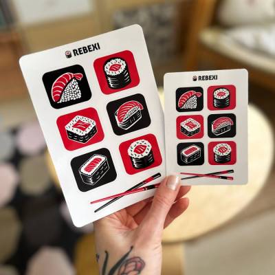 Sushi Aufkleber – laminierte Vinyl-Sticker in Schwarz-Rot
