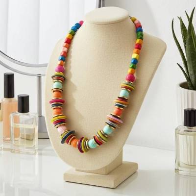 Statementkette Knopfkette bunt goldfarben lang Damen – Handgefertigt, Boho Style