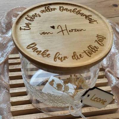 Vorratsglas mit Holzdeckel, personalisiert, Geschenk Abschied Erzieher/Erzieherin, Lehrerin, Dankeschön, Hebamme, Tagesm