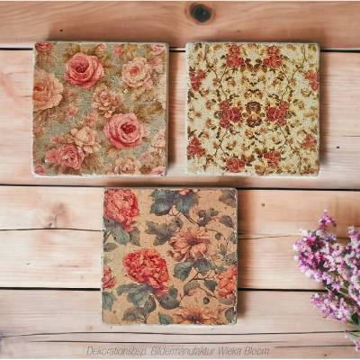 VINTAGE-FLOWERS, Fliese Untersetzer aus Travertin, Tischdeko handgemacht mit floralen Motiven im Shabby Landhausstil