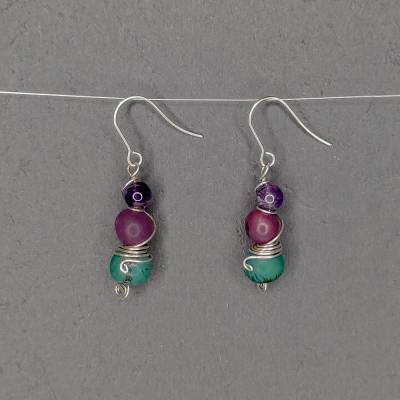 Hängeohrringe aus Neusilber, Acai Samen und Amethyst , Edelstahl Haken, Handarbeit aus Peru, Vintage Edel