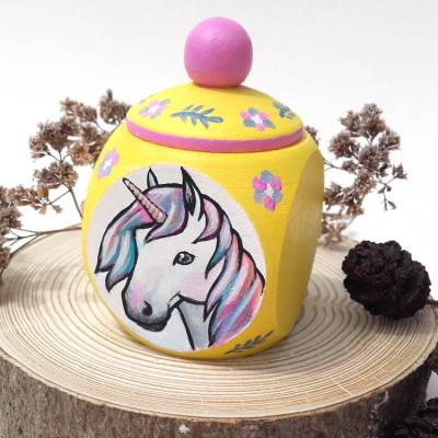 Milchzahndose Zahndose bemalt mit Regenbogen-Einhorn, Schatzdose handbemalt mit Wunschtext