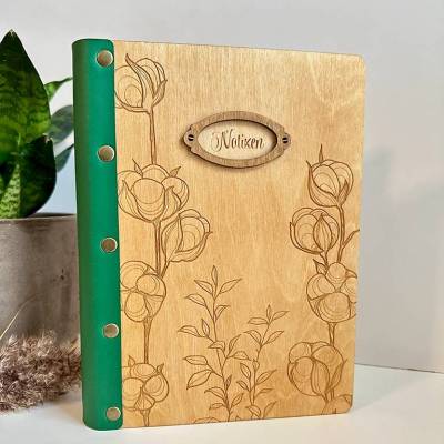 Notizbuch aus Holz, DIN A5, Buchrücken Apfelleder grün, Holzbuch, Ringmechanik, Motiv Baumwolle
