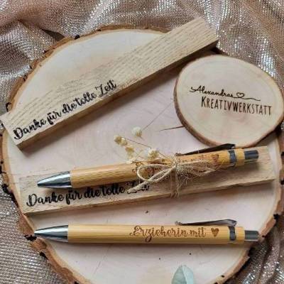 Personalisierte Kugelschreiber, Bambus, Holz, Kindergarten, Abschiedsgeschenk, Erzieher*in mit Herz, Vorschulkind, Vorsc