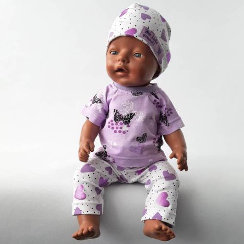 Puppenkleidung 43 cm, Outfit 3 teilig aus T-Shirt, Hose und Beanie, Schmetterlinge und Herzen flieder, passend für Puppe