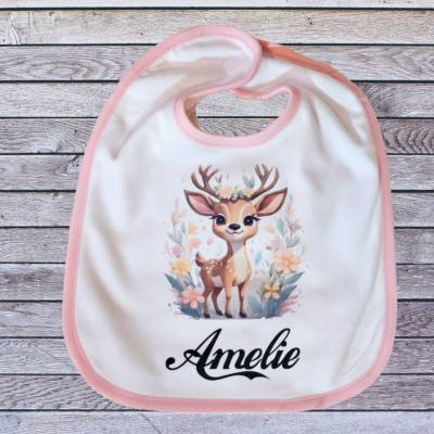 Personalisiertes Baby Lätzchen "Rehkids Bambi" mit Name – Geschenk zur Geburt für Mädchen, 30x35 cm, Rosa oder Hellblau