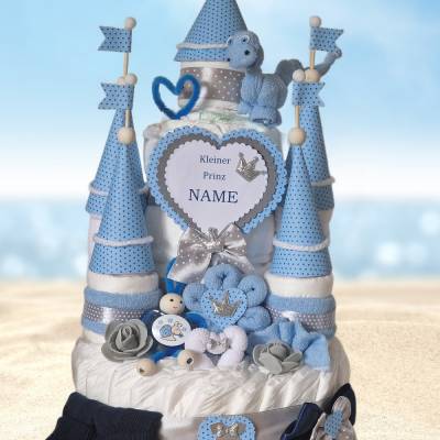 Windeltorte Junge Windelschloss Blau XXL – Personalisiert mit Namen Schnullerpüppchen 