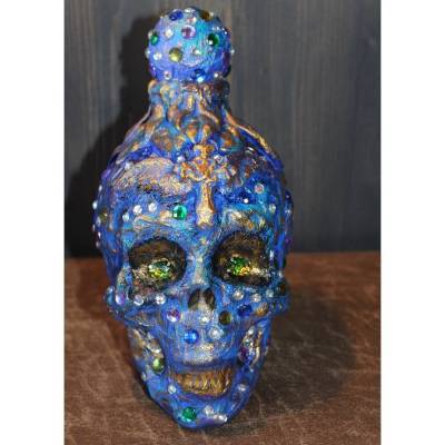 Totenkopf BLUE SKULL Acrylmalerei auf einer Glasflasche Gothic Steampunk Skull Schädel Geschenk für Männer