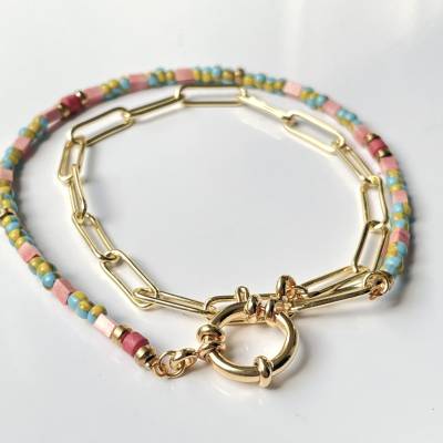 Kette Perlenkette Halskette Sommer bunt gold