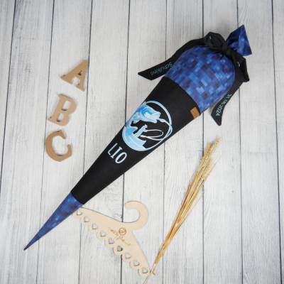 Schultüte Stoff Angel Angler Fisch Blau Schwarz 70cm 85cm   *personalisierbar und mit Kisseninlet