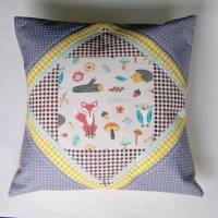 Patchwork Kissenhülle Waldtiere Unikat – Kissenbezug Fuchs Igel Pilze fürs Kinderzimmer 40x40 cm, Einzelstück, Unikat