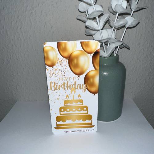 Sparchallenge Happy Birthday in gold/ 2er Klappkarte/ Rubbelchallenge / Würfelchallenge / Umschlagsmethode / Budgeting /