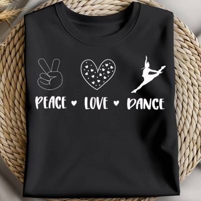 Schwarzes Damen T-Shirt "peace love dance" für Gardetänzerinnen und Tanzmariechen