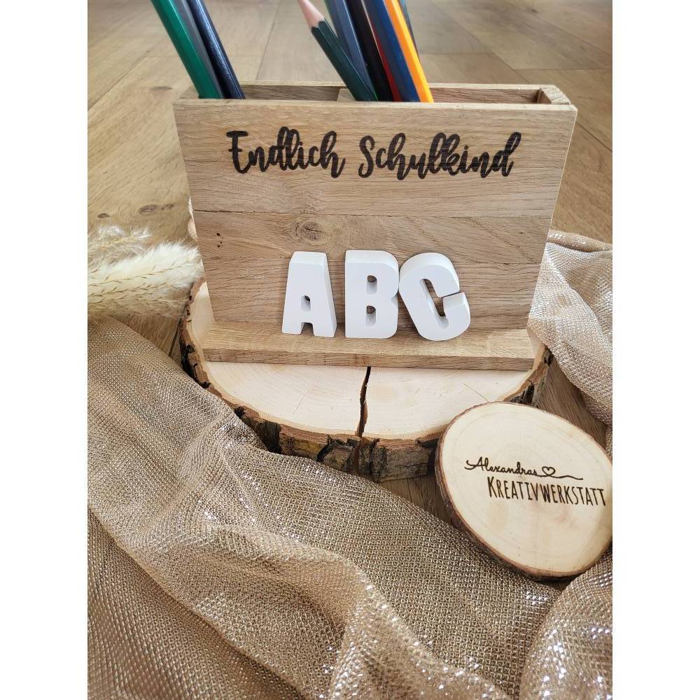 Stiftehalter, Geschenk Einschulung, Laser, Stiftehalter aus Holzklötzchen, Schreibtisch, Einschulungsgeschenk Bild 4