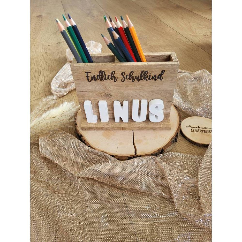 Stiftehalter, Geschenk Einschulung, Laser, Stiftehalter aus Holzklötzchen, Schreibtisch, Einschulungsgeschenk Bild 5