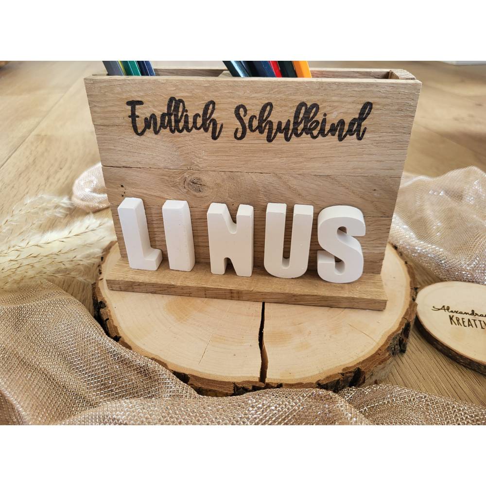 Stiftehalter, Geschenk Einschulung, Laser, Stiftehalter aus Holzklötzchen, Schreibtisch, Einschulungsgeschenk Bild 6