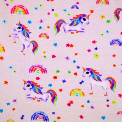 ♕ Jersey rosefarben mit Einhorn Regenbogen Blümchen 50 x 150 cm Nähen Stoff ♕