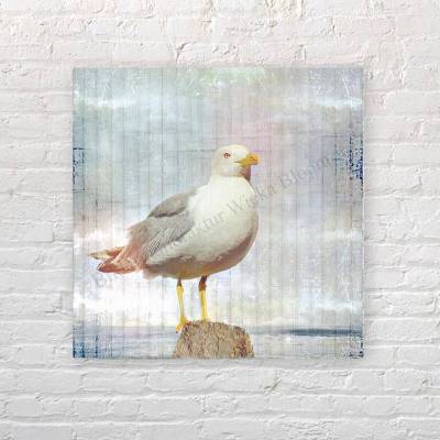 MÖWE AUF PFAHL Maritimes Wandbild Möwen Meer auf Holz, Leinwand, Kunstdruck, Wanddeko Landhausstil Vintage Shabby Chic