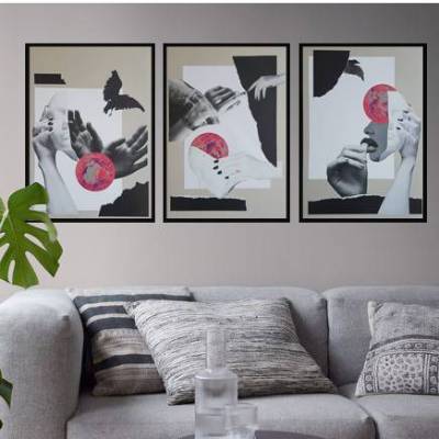 Tryptichon 3x DIN A3 Kunst-Collagen Print / Poster "masks fall, fly"