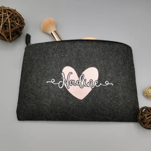 Kosmetiktasche, Schminktasche Anthrazit Personalisiert mit Namen