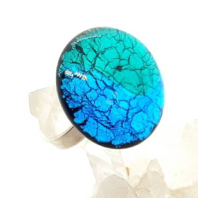 Fingerring aus Muranoglas mit verstellbarer 925 Silberschiene aquablau türkis