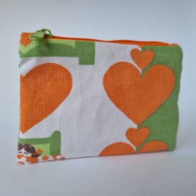 Vintagestoff-Kleinkram-Täschchen - Größe MINI - in grün-orange-weiß "Herzen"