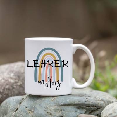 Keramiktasse "Lehrer mit Herz " mit Regenbogen als Geschenk | Danke | Abschied
