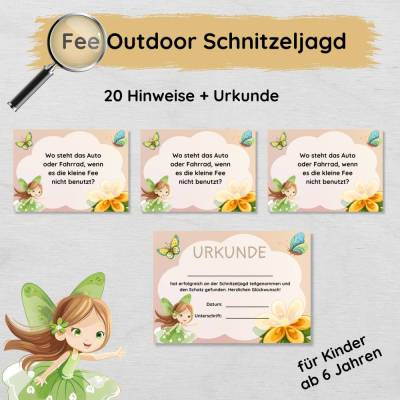 Outdoor Feen Schnitzeljagd für den Garten mit 20 Hinweisen und Urkunde für Kinder ab 6 Jahren zum Ausdrucken