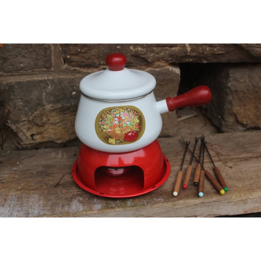 Appareil à Fondue Vintage En Tôle émaillée à Décor Floral - Complet Avec Réchaud Et Fourchettes - Fonctionnel