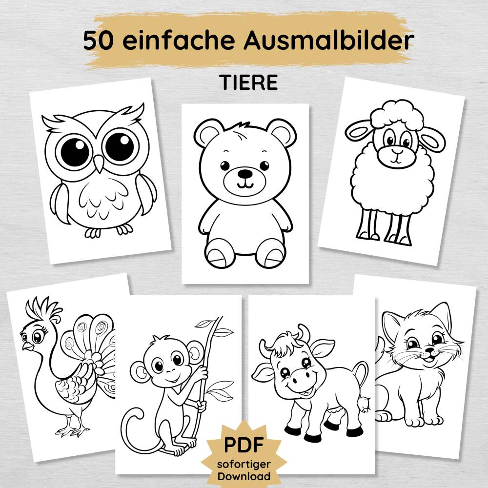 50 einfache Ausmalbilder mit niedlichen Tieren für Kinder ab 2 Jahren zum Ausdrucken Bild 1