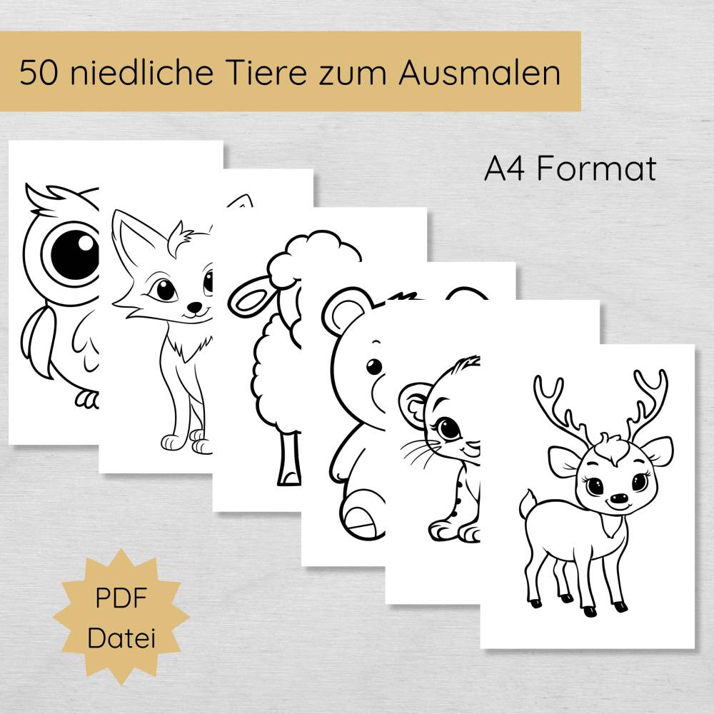 50 einfache Ausmalbilder mit niedlichen Tieren für Kinder ab 2 Jahren zum Ausdrucken Bild 2