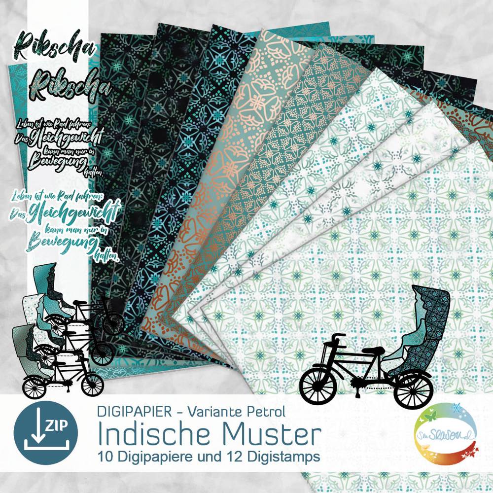 Digipapier indische Muster, Variante petrol, Digistamp Tänzerin, Indien, indisches Design senSEASONal Bild 1