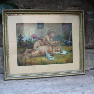 romantischer Kunstdruck / Kinder in der Natur / 55,5 x 45,5 cm / im Holzrahmen / Schlafzimmerbild 30er 40er Jahre 