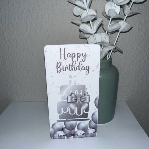Sparchallenge Happy Birthday in silber/ 2er Klappkarte/ Rubbelchallenge / Würfelchallenge / Umschlagsmethode / Budgeting