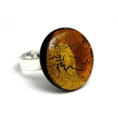 Fingerring aus Muranoglas mit verstellbarer 925 Silberschiene bernsteinfarben gold