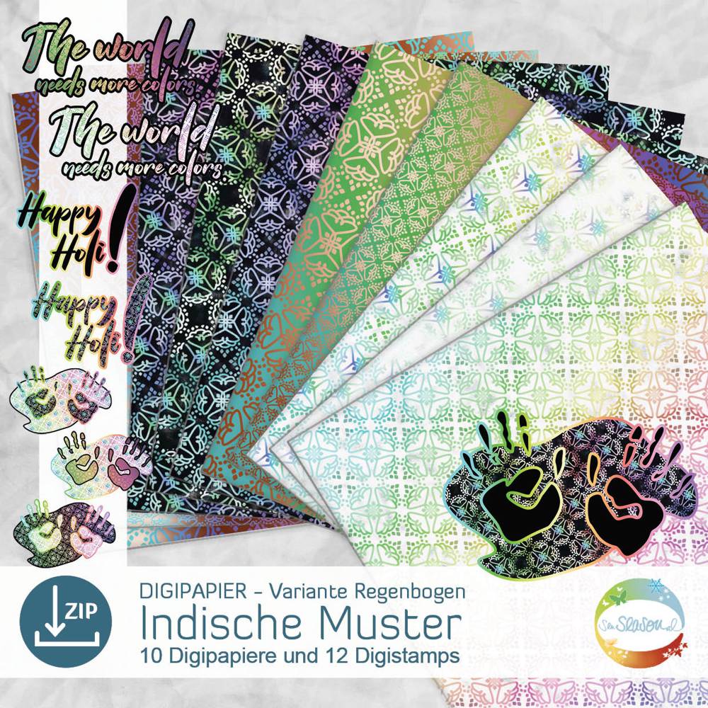 Digipapier indische Muster, Variante Regenbogen, Digistamp Hände, Farben, Holi, Indien, indisches Design senSEASONal Bild 1