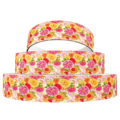 Ripsband 15mm Blumen gelb bunt 1078 Ripsband Geschenkband Blumen Chrysantheme