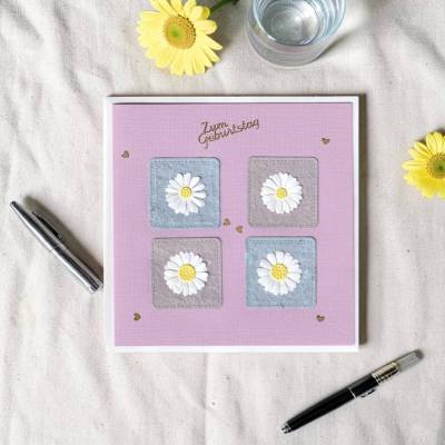Handgemachte Glückwunschkarte Gänseblümchen – Klappkarte zum Geburtstag, violett, Unikat