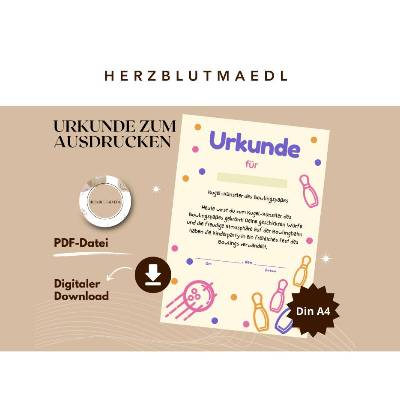 Personalisierte Bowling Urkunde DIN A4 - Perfekt für Bowling-Partys und Geburtstags-Mitgebsel als digitale Datei zum aus