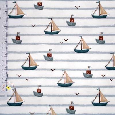 17,90 EUR/m Meterware hochwertiger Baumwoll-Jersey maritim Segelboote auf cremefarbenem Hintergrund für Kleidung 