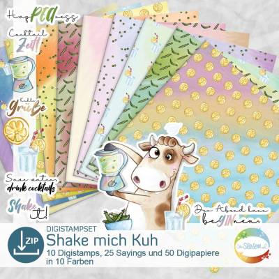 Digistampset "Shake mich"-Kuh, Digistamps und Digipapiere für Cocktail-Abend, Smoothies, Cocktails, Milch-Shake
