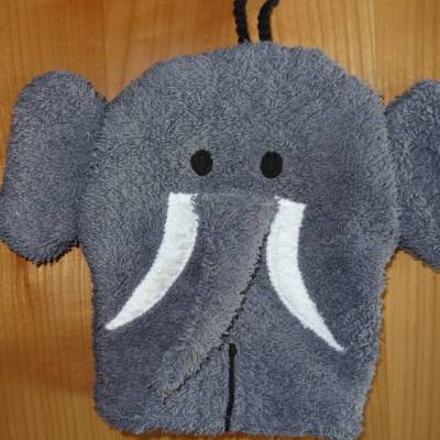 Waschhandschuh Elefant für Kinder – Handgemachter Kinderwaschlappen, Grau, Beweglicher Rüssel, 60°C waschbar