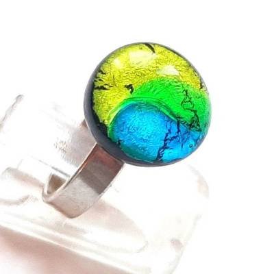 Mini-Fingerring aus Muranoglas mit verstellbarer 925 Silberschiene aquablau peridot