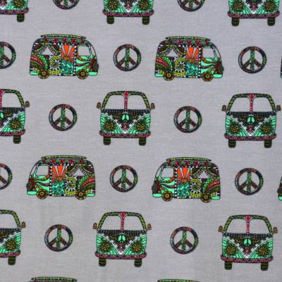 ♕ mittelgrauer Jersey mit VW-Bus Bulli Hippie Peace 50 cm x 150 cm Nähen Stoff ♕