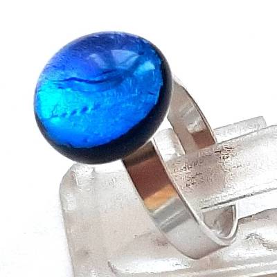 Mini-Fingerring aus Muranoglas mit verstellbarer 925 Silberschiene aquablau lila