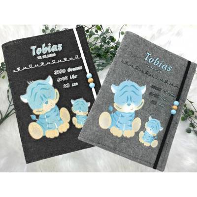 U Heft Hülle Filz personalisiert | Impfpass Tiger Blau | Untersuchungsheft Hülle filz Geschenk Geburt