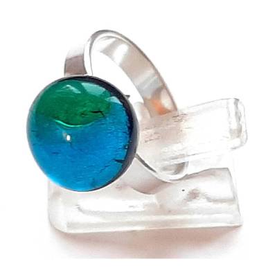 Mini-Fingerring aus Muranoglas mit verstellbarer 925 Silberschiene aquablau türkis