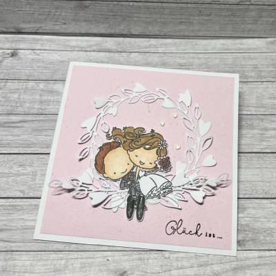 Hochzeitskarte Grußkarte Glückwunschkarte „Glück ist…“ Brautpaar auf Fahrrad Herzen Wedding Card rosa Handmade 