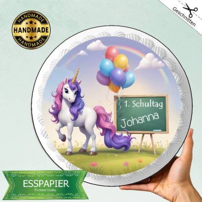Tortenaufleger zur Einschulung Schulanfang Einhorn mit Schultafel Esspapier Tortendeko